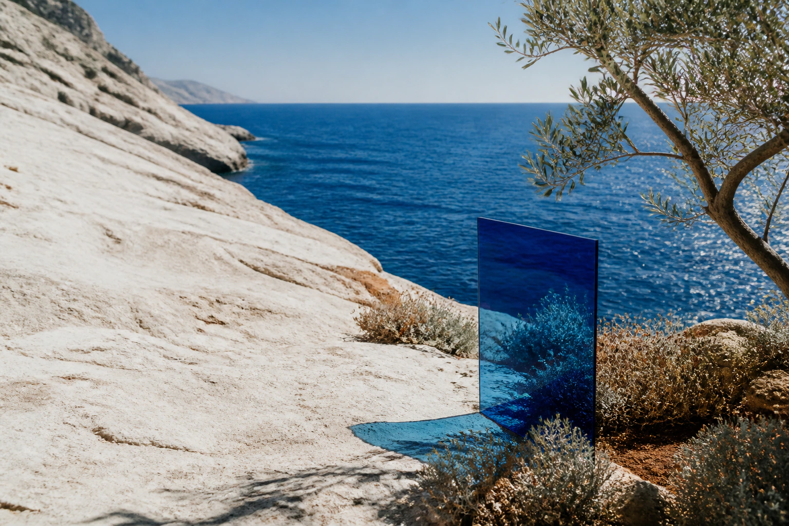 Calanque de pierre blanche, mer cobalt, olivier et plan de verre bleu sous le soleil méditerranéen