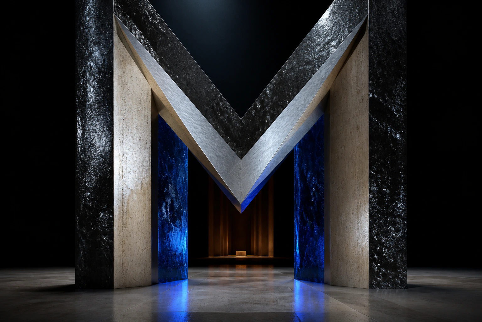 Architecture parisienne réunissant granit, travertin, verre cobalt et argent